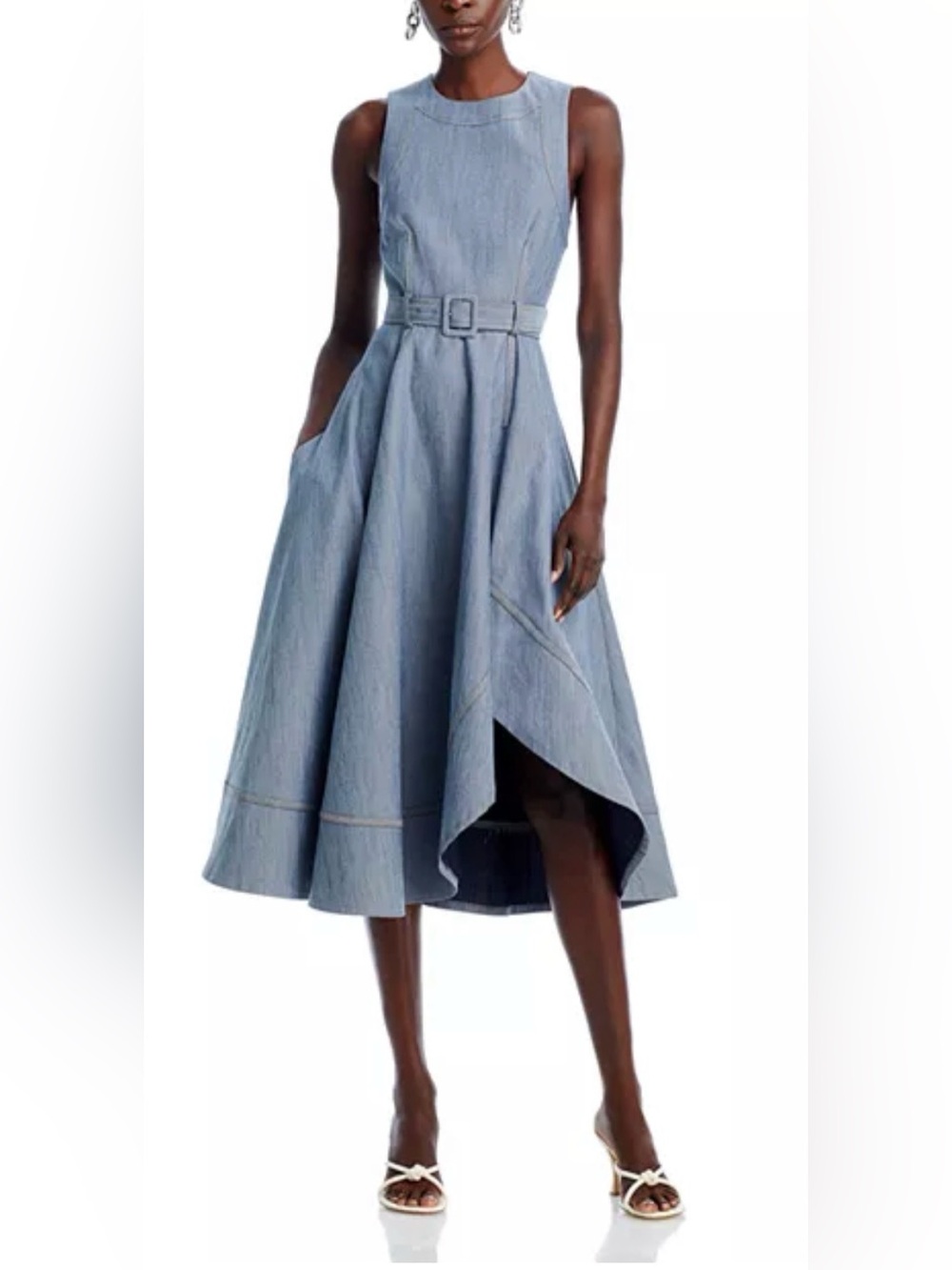cinq a sept Light Blue Sleeveless High-Low Belted Midi Dress